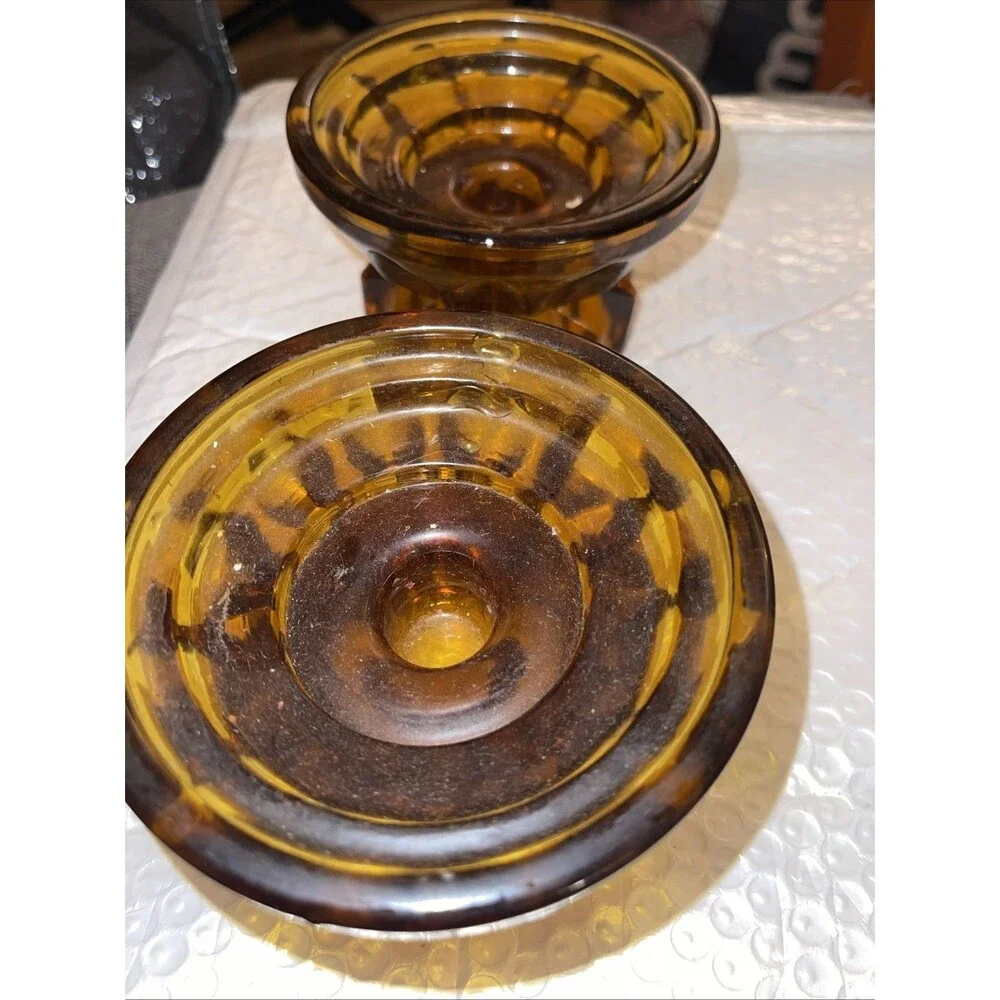 Vintage Antique Amber Glass Pedestal MULTI TYPE Candle Holder -Orig Sticker